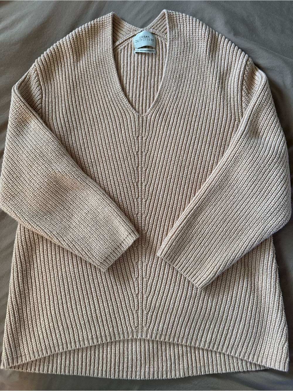 Urban Outfitters Beige Ribbed V-Neck Sweater